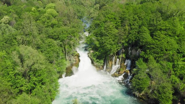 Aerial view of Bilusica buk waterfall in Krka National Park, Croatia