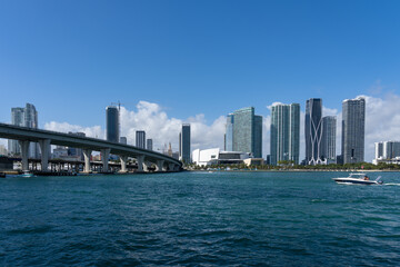 Miami skyscrapers and General Douglas MacArthur Causeway, Florida, USA. 
