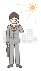日光の下スーツを着て汗をかいている男性のイラスト