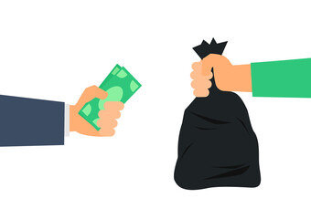 businessman hand holding money cash buy trash bag waste recycling industry vector illustration