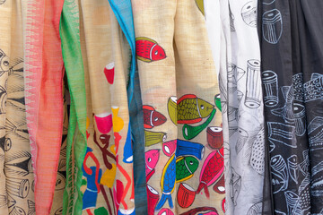 Colourful sarees, handicrafts are displayed at Handicrafts fair, Kolkata , West Bengal, India. Handicrafts are rural Industry in West Bengal.