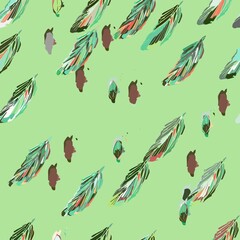 Pattern with colorful leaves and feathers, on a delicate light green background