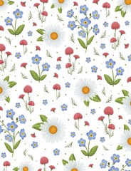 Floral illustration. Chamomile and forget-me-not. Perfect for a greeting card. The illustration can be used for the design of a notebook, sketchbook and other stationery supplies.