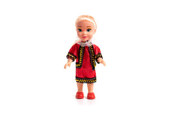 Plastic doll toy isolated on white background.