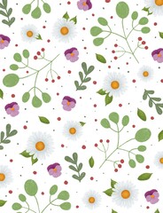 Floral illustration. Pansy flower and chamomile. Perfect for a greeting card. The illustration can be used for the design of a notebook, sketchbook and other stationery supplies.