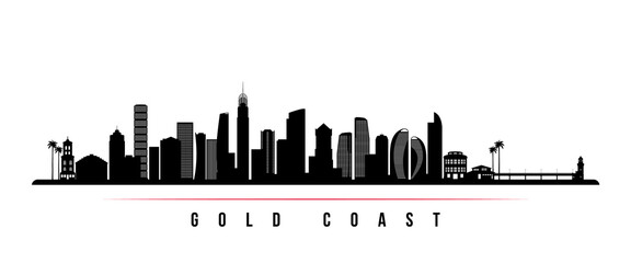 Gold Coast skyline horizontal banner. Black and white silhouette of Gold Coast, Australia. Vector template for your design.