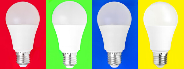 Concept for design. Widescreen wallpaper - white energy saving light bulb on isolated different colorful background 