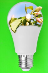 3d design of concept of conservation of energy resources, ecology and environment. White energy saving light bulb with an image of of bright spring flowering branches of cherry or apple