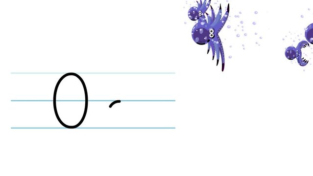 O letter writing like octopus cartoon animation. A compatibile part of the alphabet serie. Handwriting educational style for children. Good for education movies, presentation, learning alphabet, etc..