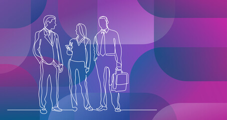 continuous line drawing of three business professionals standing talking