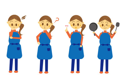 エプロンをした主婦や飲食店店員の全身表情差イラストセット・料理・悩む・疑問・指さしポーズ