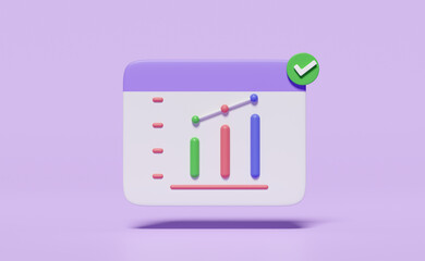 3d business analysis strategy concept with checkmark isolated on purple background. charts graph icon for bank, finance, investment, money, minimal, 3d render illustration