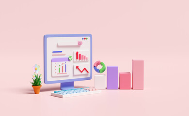 3d financial report charts and graph on laptop computer screen with search bar isolated on pink background. Online marketing, business strategy, data analysis, concept, 3d render illustration