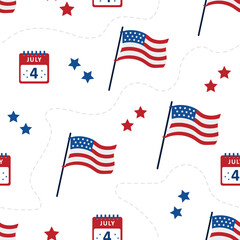 Independence Day of USA. Seamless pattern with flags. Holiday background for 4th of July celebration. National Freedom Day. Vector illustration in flat cartoon style.