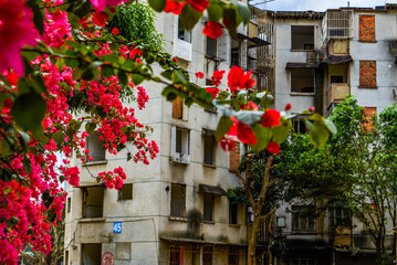 Obraz premium Close-up of residential buildings in an abandoned old residential area