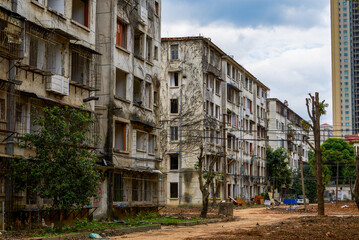 Close-up of residential buildings in an abandoned old residential area