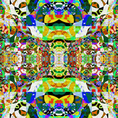 Composición de arte fractal digital consistente en piezas coloridas encajadas simétricamente formando lo que aparenta ser un jardín fantástico de proporciones perfectas.