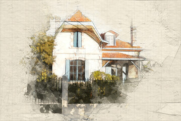 Picturesque house sketch - obrazy, fototapety, plakaty