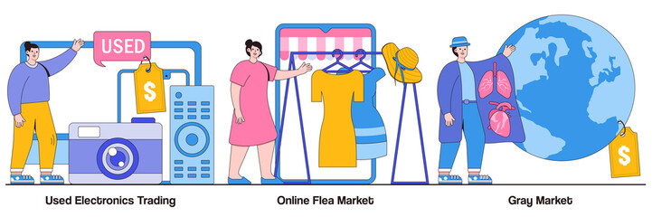 Used Electronics Trading, Online Flea Market, Gray Market with People Characters Illustrations Pack