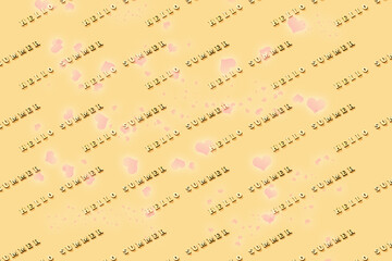 Text of wooden letters Hello summer on yellow background. Summer time concept. New season. Summer greeting. Pattern.
