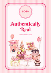 Poster template with donut party concept,watercolor style