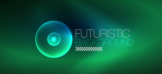 Shiny neon geometric abstract background. Glowing lights on round shapes, triangles and circles. Wallpaper for concept of AI technology, blockchain, communication, 5G, science, business