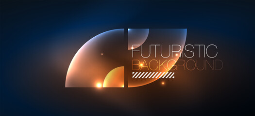 Shiny neon geometric abstract background. Glowing lights on round shapes, triangles and circles. Wallpaper for concept of AI technology, blockchain, communication, 5G, science, business