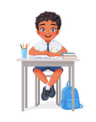 Happy Indian school boy sitting at desk. Cartoon vector illustration.