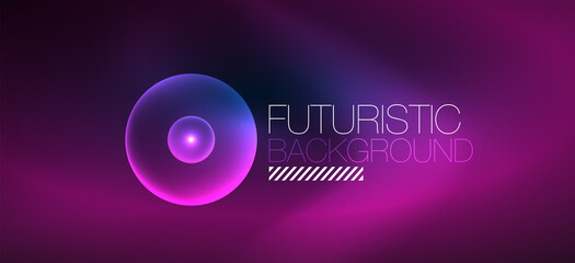 Shiny neon geometric abstract background. Glowing lights on round shapes, triangles and circles. Wallpaper for concept of AI technology, blockchain, communication, 5G, science, business