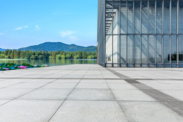 Empty square platform and beautiful lake with mountain natural landscape in Hangzhou, China.