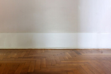 Empty room, wood floor parquet, blank wall. House interior, Architecture template, front view