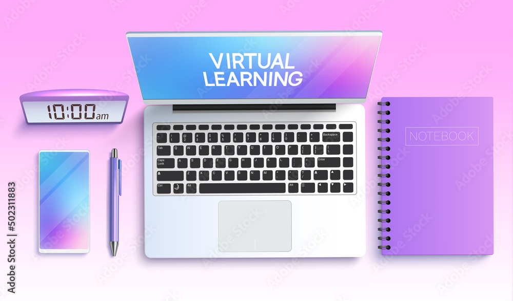 Poster distance learning vector concept design. virtual learning text with study elements of laptop, phone 
