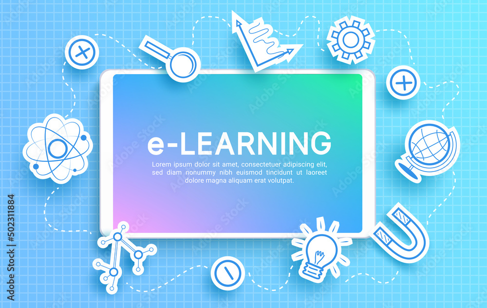Poster distance learning vector concept design. e-learning text in tablet phone with paper cut knowledge el