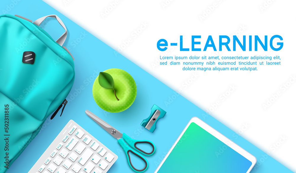 Poster online education vector background design. e-learning text with backpack bag, tablet and keyboard de