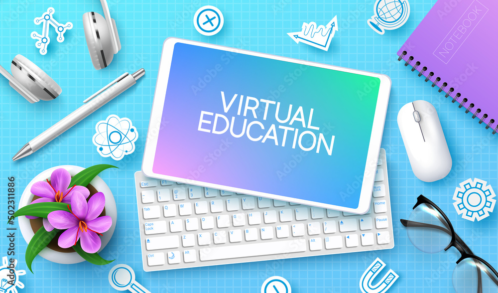 Aufkleber e-learning vector background design. virtual education text in tablet phone, keyboard and mouse devi