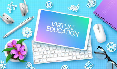 E-learning vector background design. Virtual education text in tablet phone, keyboard and mouse device elements with paper cut icons for home school online study course.  Vector illustration.

