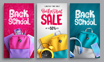 Back to school vector poster set design. Back to school text with sale educational items of bags and notebook elements for educational study promo ads collection. Vector illustration.
