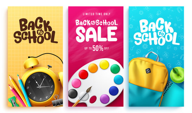 Back to school vector poster set. Back to school sale text with alarm clock, painting and backpack supplies item for student educational discount ads collection. Vector illustration.
