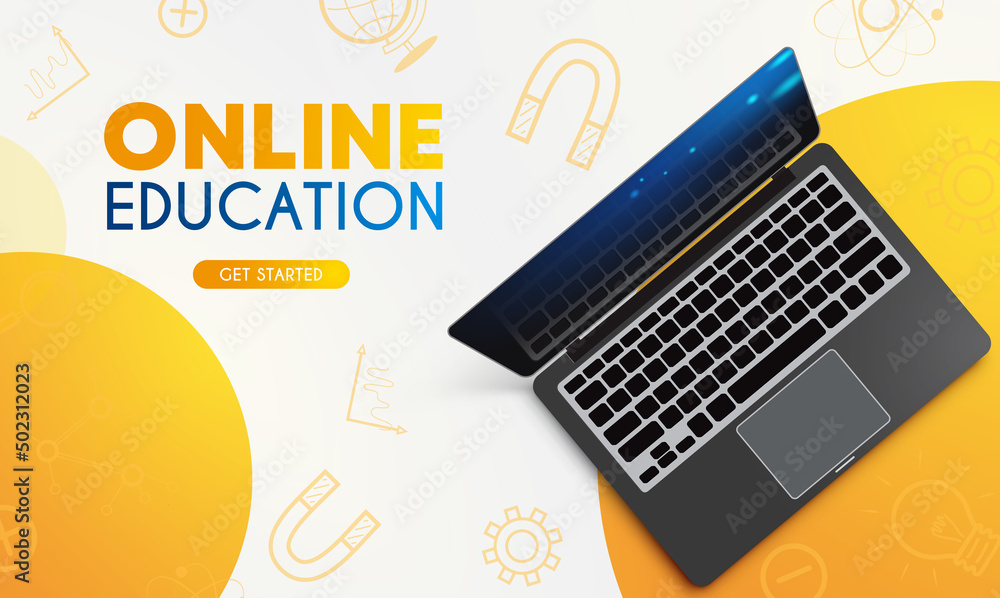 Poster online learning vector concept design. online education text with laptop device and icons pattern in