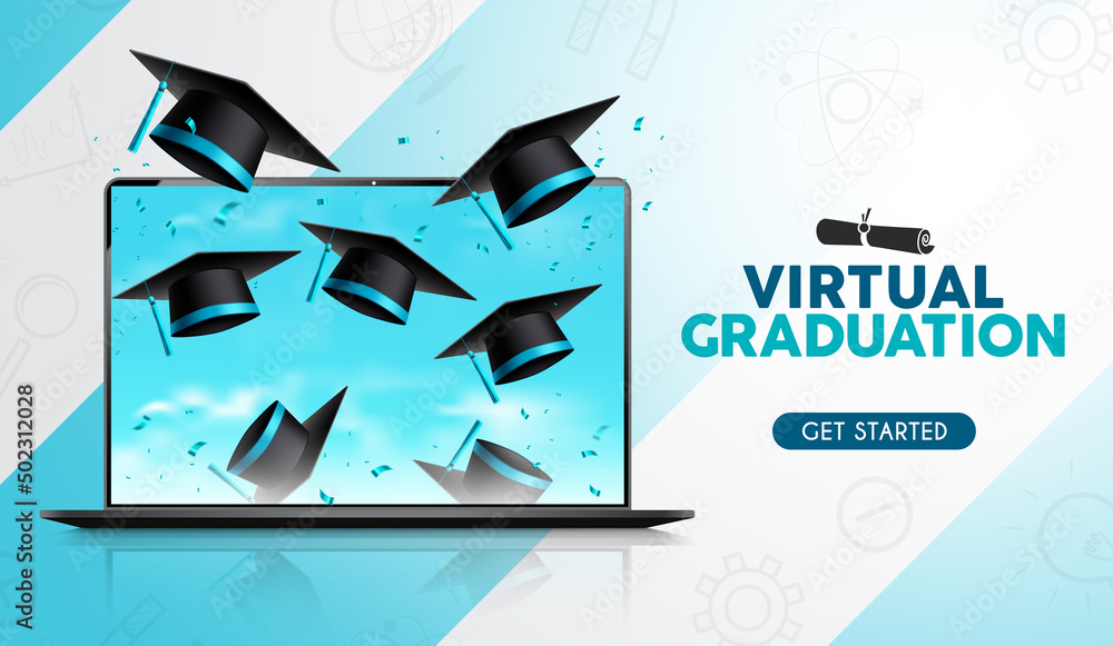 Poster virtual graduation vector background design. virtual graduation text with 3d mortarboard cap in lapt