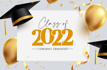 Graduation greeting vector template design. Congrats graduates text in white board space with 3d mortarboard cap, balloons and gold confetti for class of 2022 celebration messages. Vector illustration