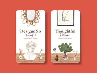 Instagram template with nordic antique home concept,watercolor style