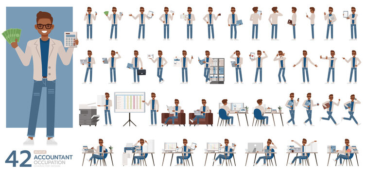 Big Set of Accountant man wear cream color suit character vector design. Presentation in various action. People working in office planning, thinking and economic analysis.