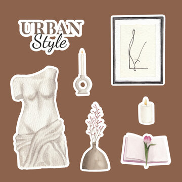 Sticker template with nordic antique home concept,watercolor style