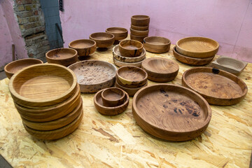 Handmade wooden bowls on a table