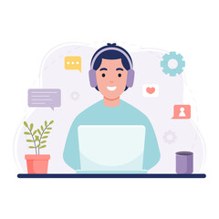 Fototapeta na wymiar young worker use computer and internet during working at home, communication network in cartoon character style, design flat illustration