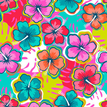 Colorful hibiscus flower with monstera seamless pattern for summer holidays background.