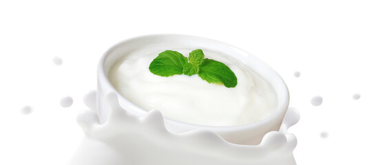 Natural Yoghurt in bowl falling into fermented milk splashed isolated on white background, The movement of Organic dairy products, Healthy drink probiotic, Ketogenic diet food for health care concept.