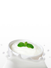 Yoghurt in bowl falling in to the milk splashed isolated on white background, The movement of Organic dairy products juicy creamy, Healthy drink probiotic, Ketogenic diet food for health care concept.