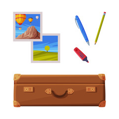 Brown Luggage Bag and Photo Cards as Travel and Tourism Symbol Vector Set